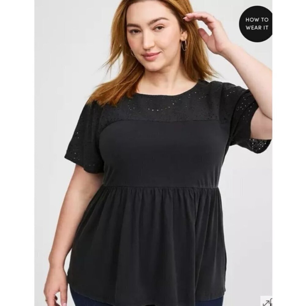 Torrid Vintage Cotton Jersey Crew Neck Eyelet Yoke Babydoll Top Blouse 3X 22-24